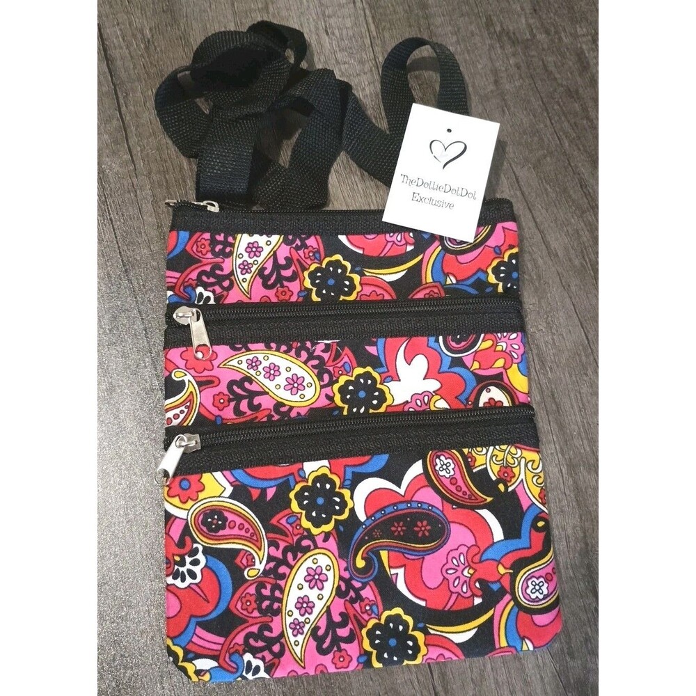 The Dottie Dot Dot Paisley Multi Zipper Black Red Pink Crossbody Bag Purse New